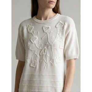 VINTAGE Sweater Marshall Fields Knit Embroidered Short Sleeve Spring Pullover S